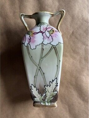Hand Painted Nippon Nouveau Double Handle Floral Vase White Pink Gold